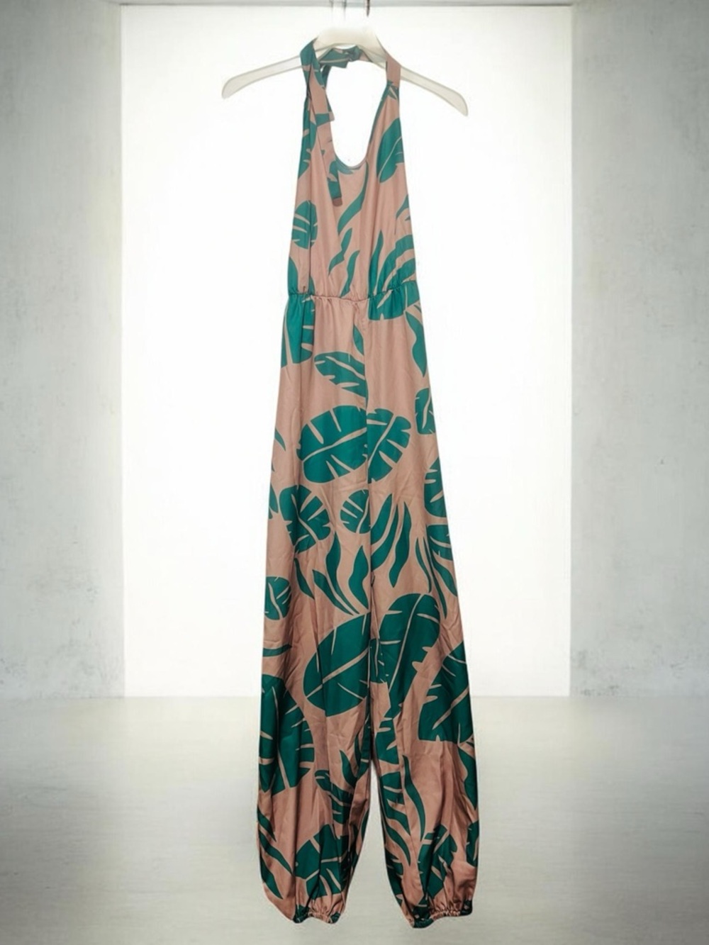 Women’s Halter Jumpsuit in Beige with Green Leaf Print